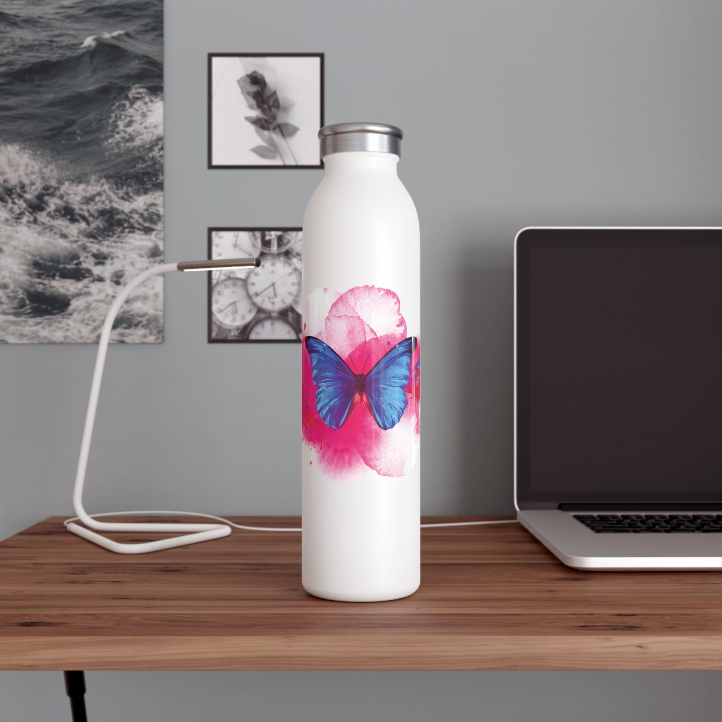 Water Color Butterfly Slim Water Bottle